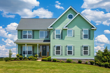 A subtle sage green house with siding, on a spacious lot in a suburban setting, equipped with traditional windows and shutters, under a sunny sky.