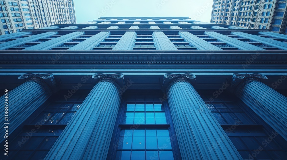 Poster a low-angle view of a grand building with classical columns.