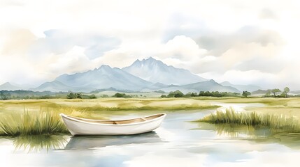 Obraz premium Watercolor wall art concept.A serene watercolor scene featuring a small boat on calm waters, surrounded by lush grasslands and distant mountains under a soft, cloudy sky.
