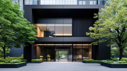 Modern architectural facade with greenery and glass elements.