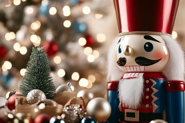 A Nutcracker,standing proudly beside a decorated Christmas tree. Generative AI