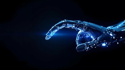 Digital art, glowing blue hand, crystalline structure, transparent, wire-frame, futuristic, holographic