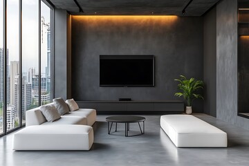 Modern Minimalist Living Room with White Couch near Window - Apartment Home Theatre  Decor.