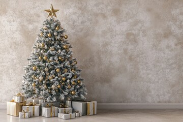 Fototapeta premium Beige wall with a Christmas tree christmas elegant gifts.