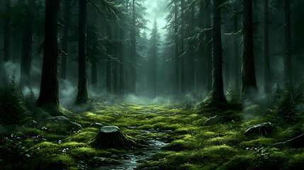 Fototapeta premium Mystic Forest Path: Explore a Dreamlike, Foggy Woodscape