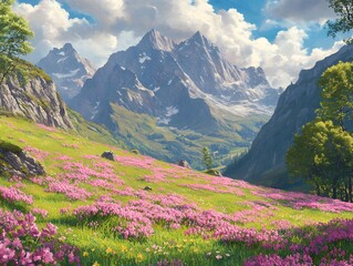 Obraz premium Watercolor wall art concept.A vibrant landscape featuring majestic mountains, a lush green valley, and a field of colorful flowers under a bright blue sky with fluffy clouds.
