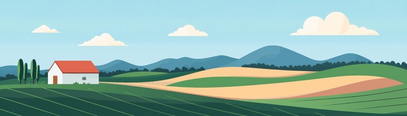 Obraz premium A serene landscape featuring rolling hills, a rustic house, and lush fields under a clear blue sky, embodying peaceful rural life.