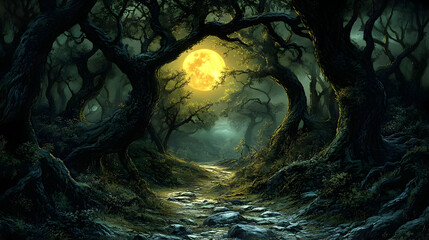Moonlit Forest Path: Mystical Night Walk Through Ancient Trees