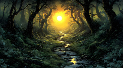 Sunlit Forest Path: Tranquil Creek Flows Golden Hour