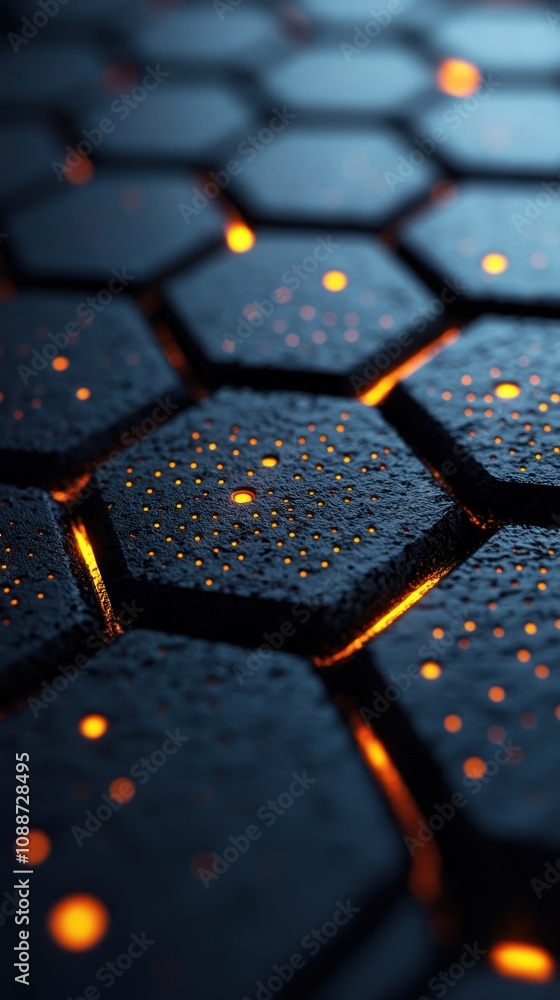 Poster a textured surface with glowing hexagonal patterns and a dark background.