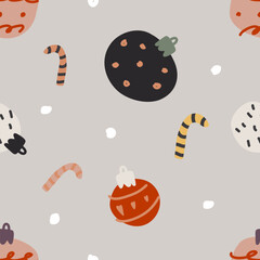 Handmade seamless pattern with christmas elements. Wrapping paper concept. Banner. Naive vector illustration, childs drawing
