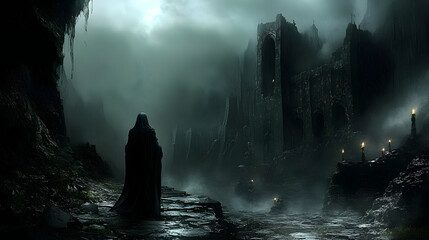 Dark Fantasy: Gloomy Castle, Rain, Figure, Mystery