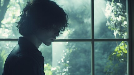 Single person gazing thoughtfully through a window, reflecting on solitude and introspection, capturing the essence of personal contemplation and inner peace.