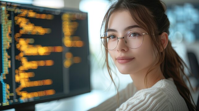 A female coder in a modern office environment, surrounded by digital holographic data and interface elements, symbolizing cybersecurity and data analysis.