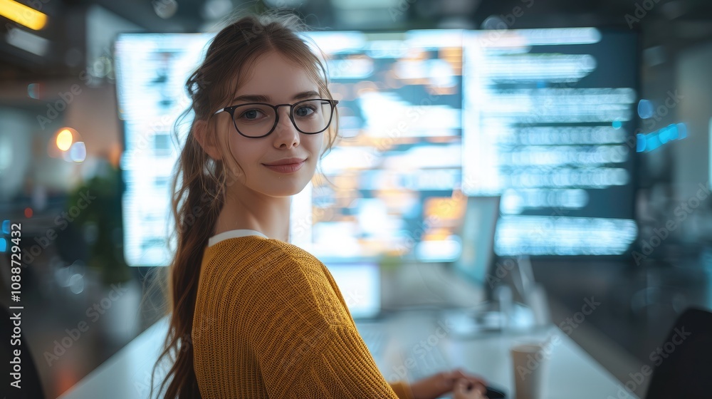 Aufkleber a female coder in a modern office environment, surrounded by digital holographic data and interface 