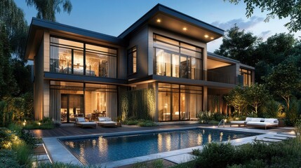 Fototapeta premium Luxury Modern House with Pool and Night Lighting