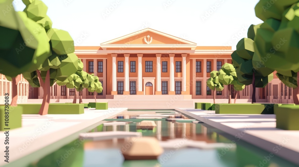 Aufkleber A stylized architectural rendering of a building with a fountain and trees in a landscaped area.
