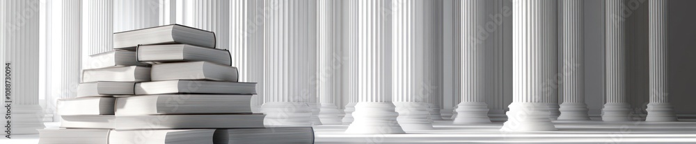 Poster a stack of white books in a spacious, columned environment, suggesting knowledge and learning.