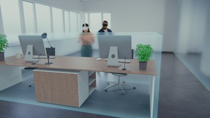 Diverse team of creative designers in virtual reality headsets use augmented reality interior design software to build stylish office room. 3D render of furniture and digital equipment. VFX animation.