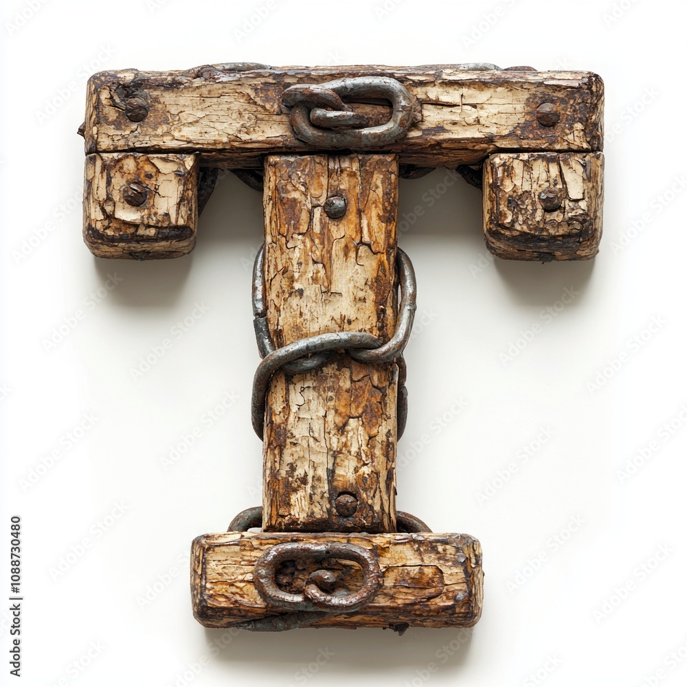 Poster artistic representation letter t created using textured wooden segments connected rough chain links 
