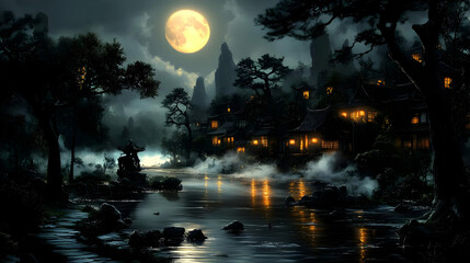Moonlit Village: River Reflections, Tranquil Night Scene, Asian Architecture