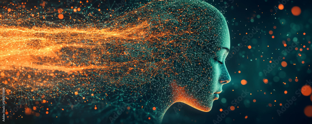 Wall mural digital representation of woman profile with flowing data streams, symbolizing ai and technology imp