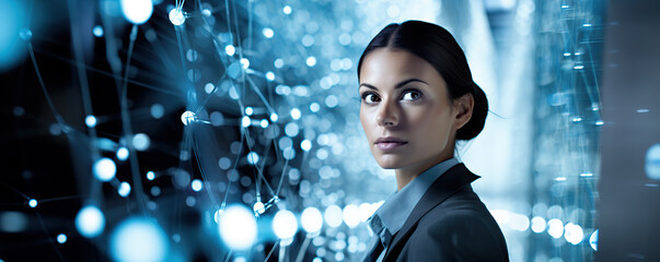 Naklejka premium Professional woman in business attire explores digital technology in a futuristic setting