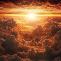 A breathtaking view of a fiery sunset seen from above the clouds. The sun is shining brightly, casting a golden glow on the clouds below.