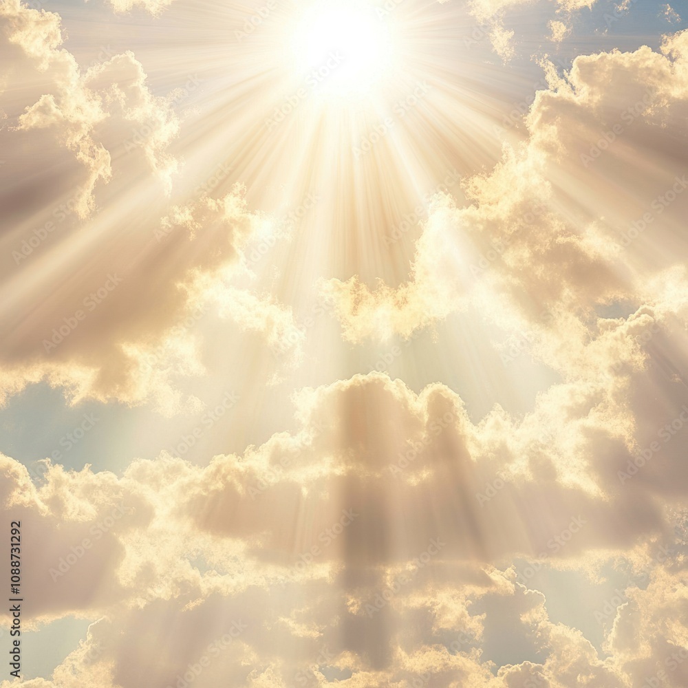 Wall mural a bright sun shining through fluffy clouds in a clear blue sky.