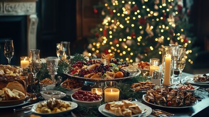 Naklejka premium Festive Christmas Table Setting with Abundant Food and Decorations
