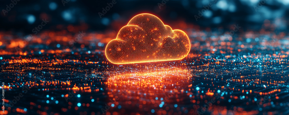 Poster glowing cloud symbol representing data storage and connectivity, surrounded by network of vibrant li