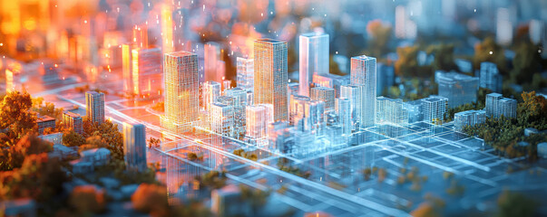vibrant urban landscape showcasing futuristic buildings and advanced technology, highlighting integration of nature and city life. scene captures essence of modern urban development