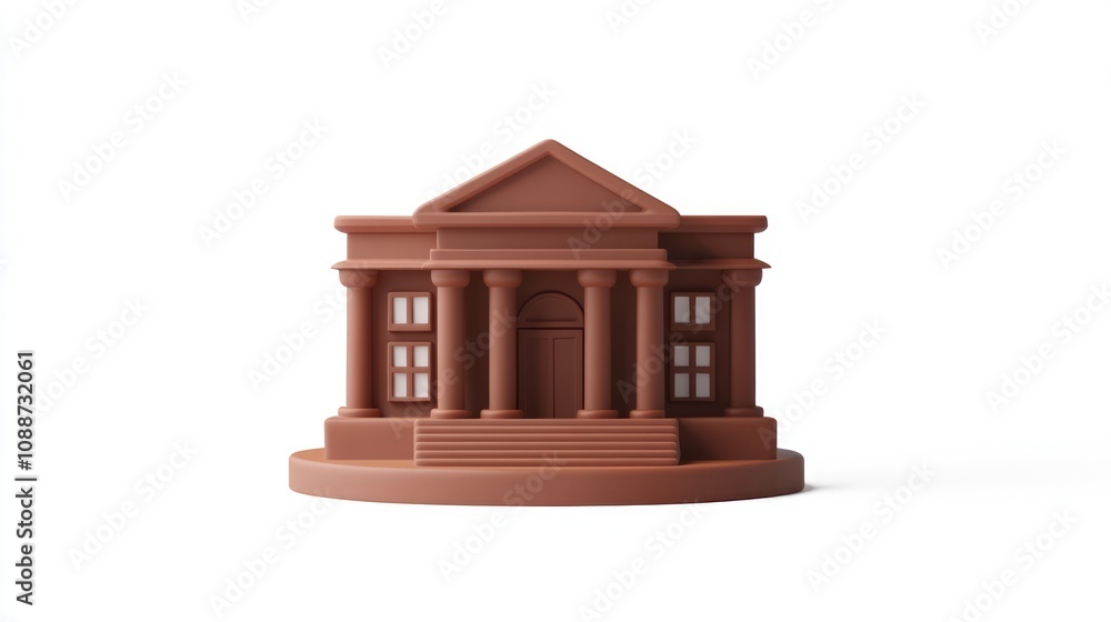 Poster A stylized brown model of a classical building with columns and steps.