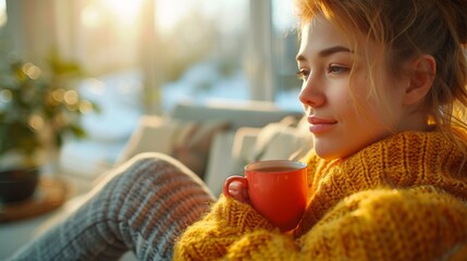 mental health . A scene of a person enjoying a cup of tea in their cozy living room, feeling a sense of peace and inner strength.