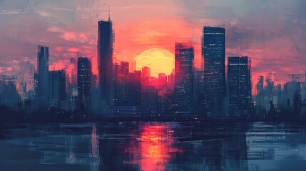 Fototapeta premium Vibrant sunset over a cityscape reflected in water.