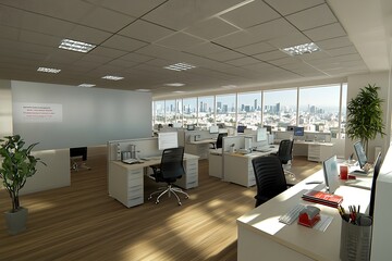 Modern Office Workspace with City View and Desk Accessories