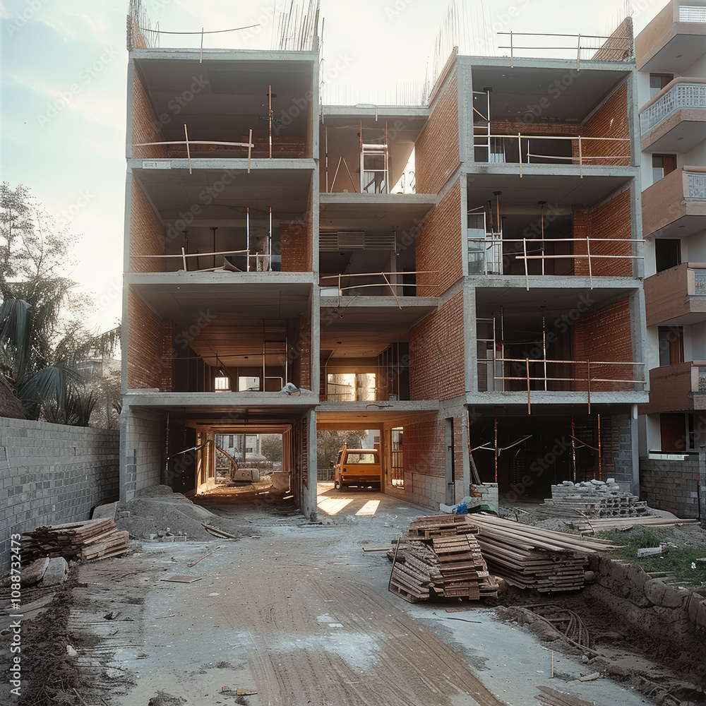 Poster an apartment in construction that has only ground floor built with bricks and cement.