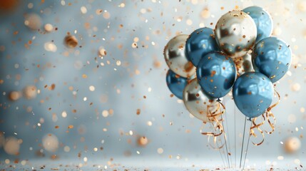 Happy birthday. A beautiful background with blue and gold balloons, confetti, and ribbons on the right side of an empty light gradient color background.