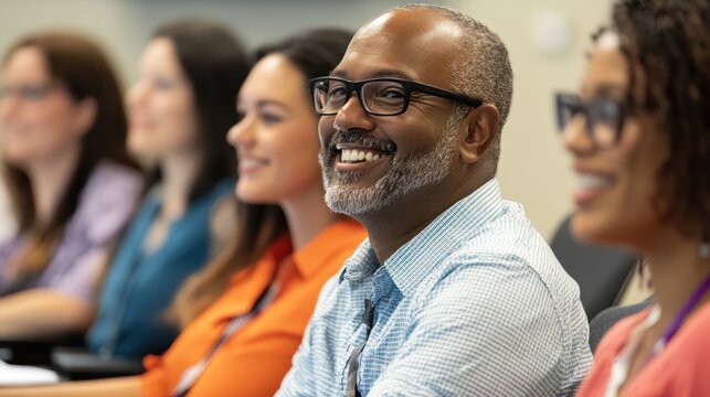 A diverse group of adults in a continuing education class learning new business skills with a professional instructor leading the session the participants' engagement and the modern classroom setting