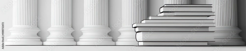 Poster A minimalist image of white columns beside stacked books, symbolizing knowledge and structure.