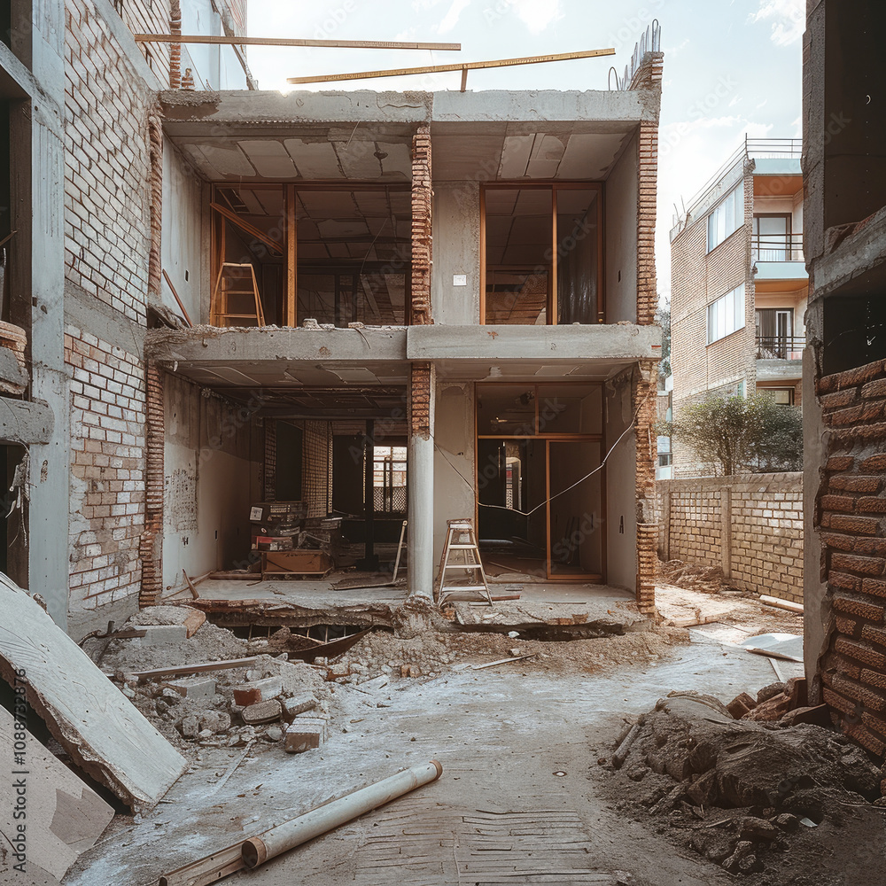 Poster an apartment in construction that has only ground floor built with bricks and cement.