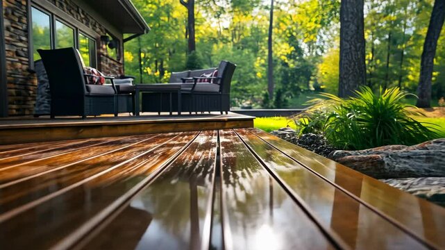Dark brown deck boards gleam wet from recent rain or watering