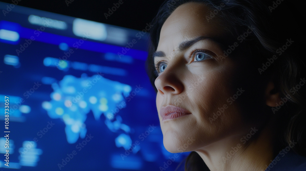 Poster a focused woman analyzes data on a digital screen, featuring a map and various interactive elements 