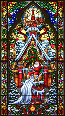 Fototapeta premium Christmas Stained Glass Window with Santa and Reindeer