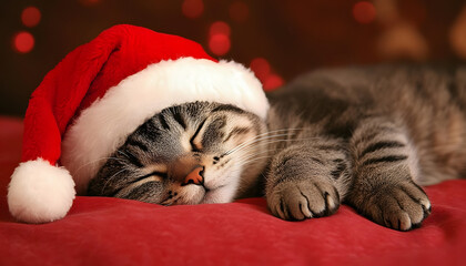 Cat with Santa hat. Christmas holiday. New year season