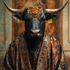 Anthropomorphic portrait of bull dressed in ornate robe and necklace. Human like animal against dark background