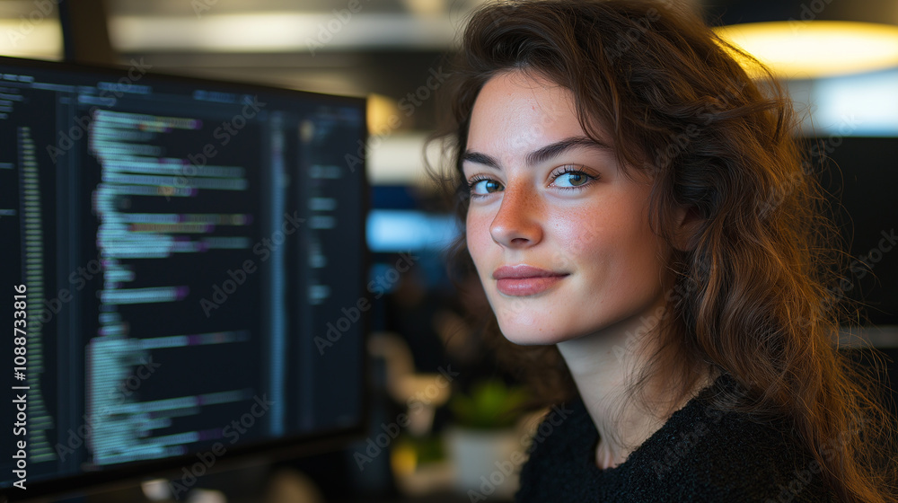 Poster a young woman with curly hair sits at a computer, smiling while programming, with code displayed on 
