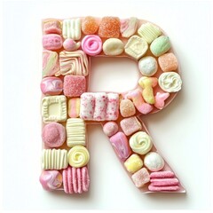visually appealing letter R constructed various colorful candies and sweets set pristine white backdrop ideal parties creative projects.