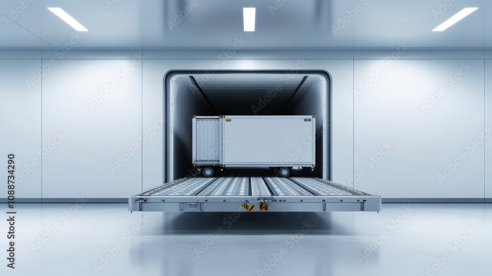 Poster A loading dock with a white trailer positioned for unloading in a modern facility.