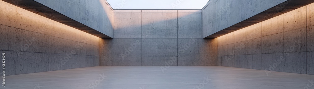 Poster a minimalist architectural space featuring smooth, concrete walls and soft lighting, creating an ope